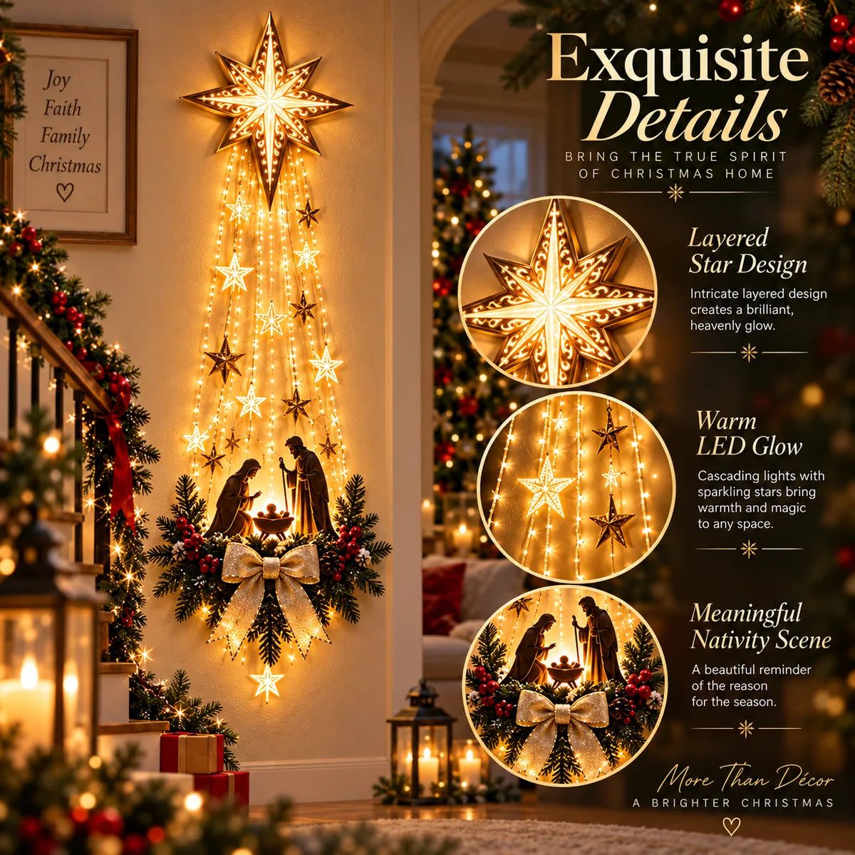 The lighted star and Nativity wall decor beside a staircase, with close-ups of the star, lights and Nativity scene