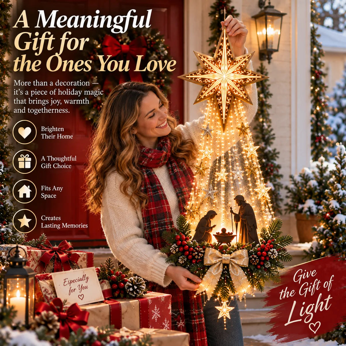 A woman holding the lighted Nativity wall decor as a Christmas gift